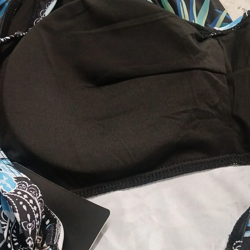 Aqua Eve black blue floral  tropical print tankini top  Sz 22W NWT